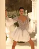 Gorgeous A-line Wedding Dresses Short Dress Square Long Sleeves Shining Beads Tulle Designer Backless Zipper Custom Made Plus Size Bridal Gown Vestidos De Novia