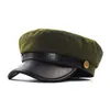 Berets Unisex Women Red And Black Gray Military Hats Autumn Winter Wool Pu Leather Patchwork Sboy Caps With Belt Female