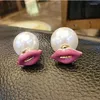 Stud Earrings Korean Double-sided Pearl Red Lips Sweet Fashionable Temperament Ear Studs Front Rear Ornaments Female