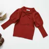Pullover Spring Autumn Baby Kids Girls Puff Sleeve Pure Color Knit Sweater Bow 2021 Baby Kids Girls Pullover Sweaters Children's Clothes HKD230719