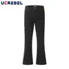 Calça masculina Hip Hop emendada perna reta masculina cor sólida casual streetwear calças largas masculinas