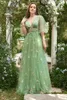 Robes de soirée FATAPAESE Robe de soirée à col en V Fleurs Broderie Vert A-ligne Jupe Tulle Longue Maxi Bal Avec Manches Courtes Formelle