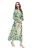 Women's Runway Dresses V Neck Long Lantern Sleeves Printed Hollow Out Piping Floral Fashion Designer Party Prom Gown
