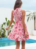 Abiti casual di base Abito estivo in chiffon Donna Sexy stampa floreale Ruffle Bandage Holiday Beach Sundress Casual Pink Halter A-line Abiti corti 230719