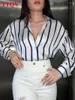 Kvinnors blusar BLOUSESQV Fashion Satin Striped Print Blue Streetwear Elegant Long Sleeve Beige Female Shirts Autumn Lapel 2023