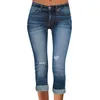 Kvinnors jeans denim byxor för kvinnor avslappnad enkel rippad gammal elastisk midhöjning ficka beskuren hål stil knapp smal damer jean sexig