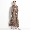 Casual Dresses Feminino Women Long Sleeve Big Swing Spring Summer Vestidos Colorful Small Polka Dot Printed Softerable Maxi With Belt