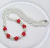 Collier Boucles d'Oreilles 8mm Blanc Coquillage Perle / 10mm Corail Rouge Perles Rondes