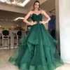 Sweety Dark Green Ruffles Prom Dresses Spaghetti Strap Pleat Tiere Vestidos de Soiree Backless With Bow Tie Layered kjol kvitton Party Dress