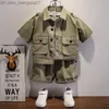 Clothing Sets Western style boys' clothing summer shorts army green button down lapel shirt multi pocket work clothes children's set ages 2-8 Z230719