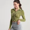 Dames T-shirts Slim Fit Cropped Top met lange mouwen Fashion Turn Down Collar T-shirts Dames Basic Shirt Single Breasted Blouses Femmina