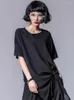 Women's T Shirts Women Black Asymmetric Chiffon Pleated Big Size T-shirt Round Neck Short Sleeve Fashion Spring Summer O229