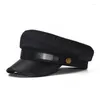 Berets Unisex Women Red And Black Gray Military Hats Autumn Winter Wool Pu Leather Patchwork Sboy Caps With Belt Female