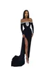 Sexy Black Sheath Galajurken Lang voor Vrouwen Off Shoulder High Side Split Lange Mouwen Parels Gedrapeerde Feestjurk Formele Verjaardag Pageant Celebrity Avondjurken