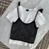 새로운 여자 여름 레이디 탑 짧은 슬리브 티셔츠가 중공 니트 스트랩 대비 컬러 2 조각 세트