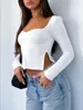 Women's T Shirts Women S Y2K Ruched Crop Tops Casual Solid Color V-Neck Long Sleeve Fitted T-Shirt Basic Blouse Tee Streetwear