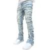 Jeans masculino 2023 ajuste regular empilhado remendo envelhecido destruído calças jeans retas roupas streetwear casual jeans