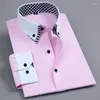 Herrklänningskjortor Mens Långärmade dubbelskikt Knapp Knapp Social Solid White Blue Korean Office Business Non Iron Slim Fit Cotton
