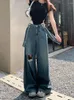 Dames Jeans Fashion Design Denim Overalls Zomer Gescheurd Gat Losse Wijde Pijpen Volledige Lengte Casual Hoge Taille Rechte Broek