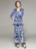 Kvinnors tvådelade byxor 2023 Autumn Blue and White Porcelain Print Trousers Suit notched Blus Top Wide Leg Set Set Outfits