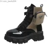 Laarzen Nieuwe Botas Dames Motor Enkellaarsjes Wedge Dames Veterzolen Zwart Leer Oxford schoen Dames Botas Niet bedrukte tas Z230720