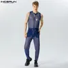 Herrbyxor 2023 män jumpsuits mesh lapptäcke transparent o-hals ärmlös streetwear rompers fitness sexig mode overall s-5xl incerun