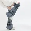 Women Socks Cute Denim Flared Leggings E-Girls Harajuku Punk Knee High Buckle Cargo Boot Cover Jeans Stockings