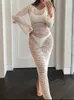 Casual Dresses White Knit Beach Dress Wirchet Bikini täcker kvinnor Sexig delad backless maxi Summer Long Sleeve Holiday Beachwear 2023