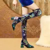 Laarzen Vrouwen Winter Over De Sexy Knie Puntschoen Blok Hoge Hakken Instappers Dame Vintage Bloemen Gedrukt Slanke Rekbare Schoenen