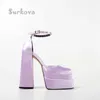 Dress Shoes Candy Color Platform Rome Rhinestone Ankle Strap Thick Heels Women's Sandals Satin Shallow Square Toe Buckle Banquet