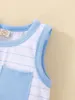 Set di abbigliamento T-shirt girocollo a righe senza maniche con vestito estivo da bambino carino con pantaloncini in tinta unita abbinati - Elegante set per bambini per A