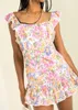 Dresses for Women Square Neck Sleeveless Ruffle Hem Floral Print Mini Dress Fashion Backless Tie Beach Vacation Summer Dress