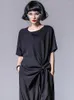 Women's T Shirts Women Black Asymmetric Chiffon Pleated Big Size T-shirt Round Neck Short Sleeve Fashion Spring Summer O229