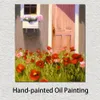 Handmade Landscape Art on Canvas Cottage Door Poppies Flowers Artwork Painting Home Decor