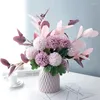Flores decorativas conjunto de flores artificiais hortênsia e vaso de cerâmica rosa buquê de plástico faça você mesmo para casamento em casa