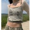 T-shirts pour femmes Femmes Mesh Crochet Crop Tops Automne Eté Grunge Streetwear Solide Manches Longues Irrégulière Déchiré Creux Tricots T-Shirts