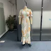 Robes décontractées de base Ellafad Maxi Dress Été Élégant Imprimé Manches Courtes Bouffantes Col En V Taille Pinces Mince Une Rangée Bouton Beach Party 230718