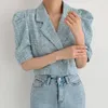 Kvinnorjackor Summer Autumn Elegant Vintage Crop Jacket Women Puff Short Sleeve Plaid Woman Topps Korean Slim Ladies Shirt Coats 15497