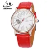 Relógios de pulso Shenhua Design de moda Flor Watch Women Women Mechanical Watches Leather Band Ladies automáticas