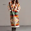 QNPQYX Nuovo modello vintage stampato maglioni cardigan lungo con cappuccio inverno caldo giacca a vento soprabito donna elegante tasca con bottoni cappotti Mujer