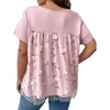 Women's Plus Size T-Shirt Spring Summer Lace Splice Straight T-shirt Women's Sweet Fresh O-Neck Floral Printed Short Sleeve Gauze Plus Size Mid Tops 230719
