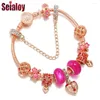 Charm Bracelets Seialoy Rose Gold Color Heart Flower Beads For Women DIY Pink Bead Accessories