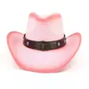 Vrouwen Roze Cowgirl Hoed Mannen Western Papier Stro Cowboy Hoed Koe Riem Brede Rand Zon Bescherming Panama Cap Hard sombrero De Mujer