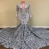 Silver African Girls Long Prom Dresses 2022 Mermaid V Neck Full Sleeve 3D Flowers Train Women Formal Party Evening Gown DD203J