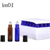 Rolo de vidro azul cobalto âmbar em frascos de 10 ml para uso de óleo essencial 24 unidades/caixa branca inclui rolo de aço inoxidável abridor de tampa preta Ooxxo