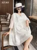 Lässige Kleider XITAO Mini besticktes Perlenkleid lockere Mode Dreiviertelärmel V-Ausschnitt Kragen Einfachheit Frauen DMJ1589