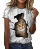 Summer New Animal Series Impressão Digital Masculina e Feminina Manga Curta T-shirt Cracked Cat Personality Gola Redonda