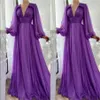 Simples Elegante Chiffon Roxo Vestidos de Baile Linha A Manga Longa Bufante Decote em V Drapeado Império até o Chão Vestido de Festa Formal Festa G236m