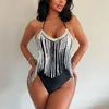 Women's Swimwear Backless Sequin Fringe Patchwork Sexy One-Piece Swimsuit Beachwear