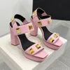 Button-Detail calfskin ankle strap platform sandal Fashion Metal square buttons 12cm Chunky high heeled sandals Summer luxury designers shoe leaky toe women's shoes